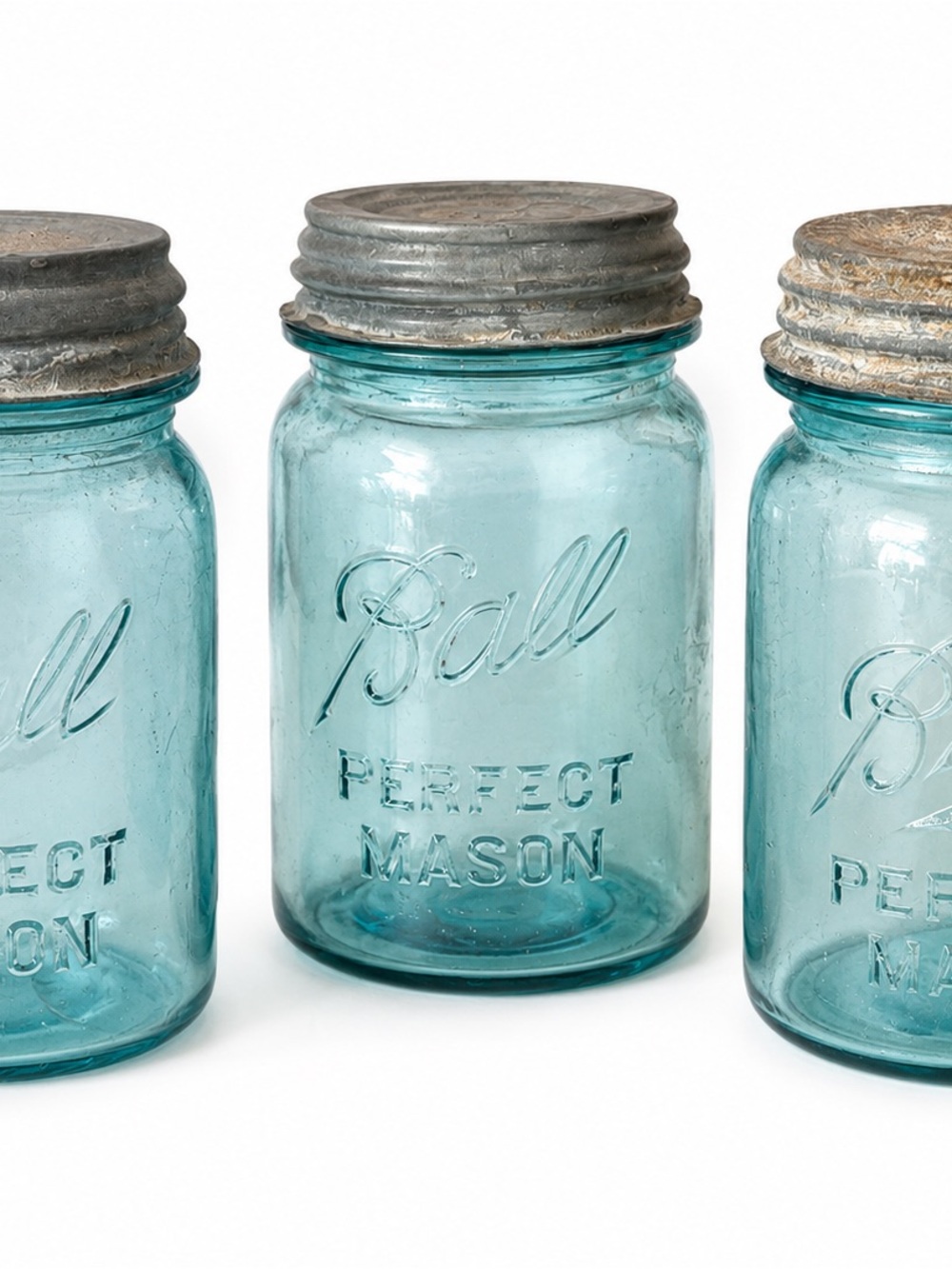 Set of 3 Vintage Ball Perfect Mason Jars with Zinc Lids Aqua Blue Glass